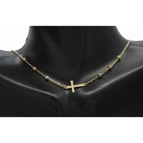 Real 14K Tri-color Gold Beads 16/18" Cross Charm Necklace - Picture 1 of 8
